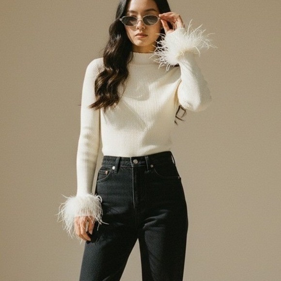 Aqua Sweaters - Aqua L Organic Cream Ribbed Mock Neck Feather Cuff Sweater Glam Statement NWT